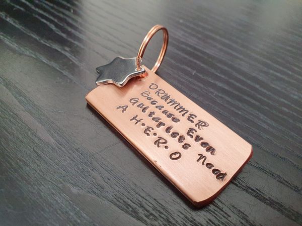 'DRUMMER BECAUSE EVERY GUITARIST NEEDS A HERO' Solid Metal Plate Key-ring