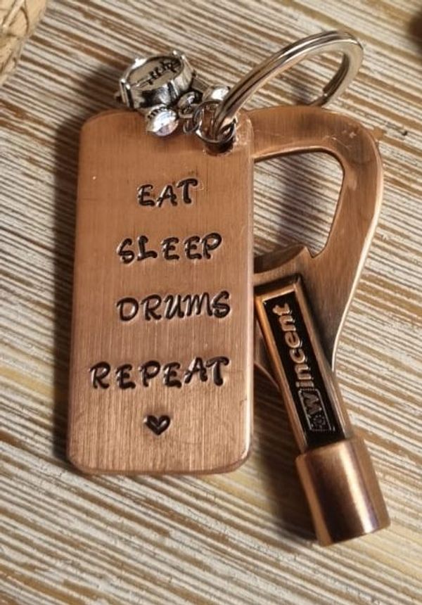 'EAT SLEEP DRUMS REPEAT' Solid Metal Plate Keyring